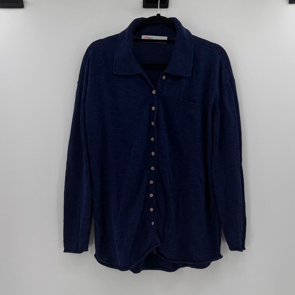 Free People Beach Oversized Long Sleeve Button Down Shirt - Blue - Small